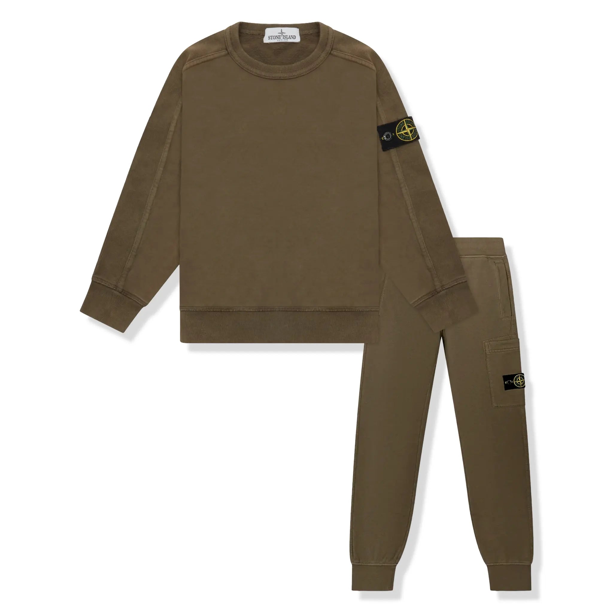 Front View of Preloved - Stone Island Junior Olive Cotton Sweatshirt & Joggers